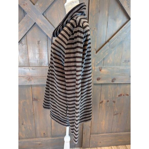 Talbots Pullover Sweatshirt Women's Medium Gray Black Velour Stripe Funnel Neck - Picture 2 of 9